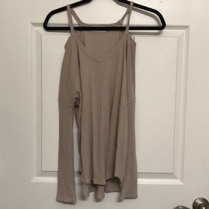 Tan cold shoulder waffle knit top